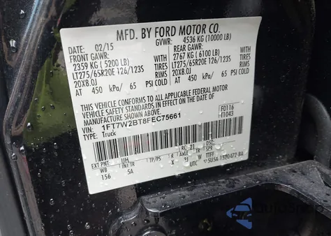 2015 Ford F-250 Lariat from USA, damaged, VIN 1FT7W2BT8FEC75661